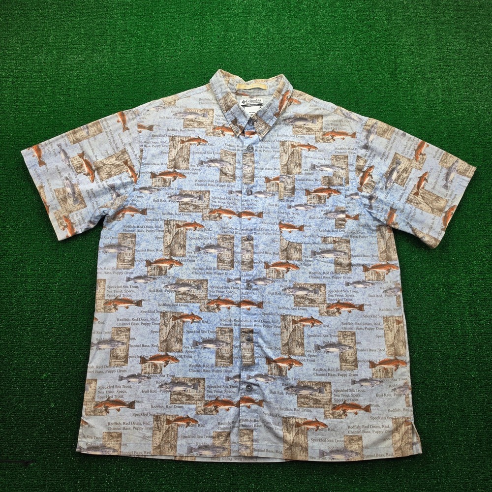 Vintage Columbia Sportswear Shirt Mens XL Blue River Lodge Saltwater Fish AOP